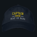 Captain Your Boat Name Nautical Stars Gold Silver Embroidered Hat<br><div class="desc">Sail in style with a personalised embroidered hat featuring your Captain rank or other title,  your Name or Boat Name and stars. Several cap and thread colours to choose from. Makes a great custom gift for Fathers day,  Mothers day or any occasion.</div>