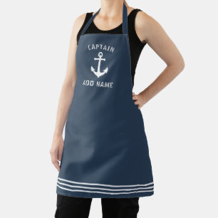 Captain Your Name Boat Anchor Blue White Stripe Apron