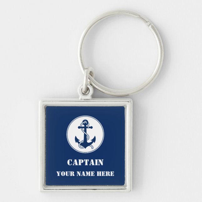 Captain Your Name or Boat Name Rope & Anchor Key Ring (Front)