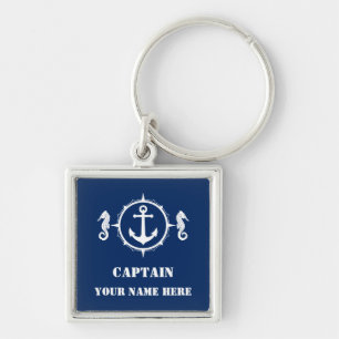 Captain Your Name or Boat Name Seahorse Anchor Key Ring