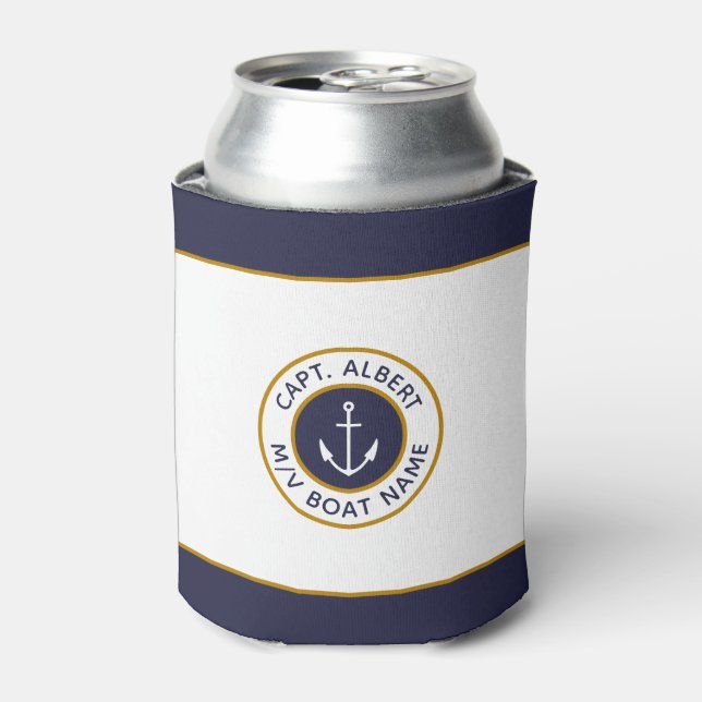 Captain Your Name White Blue Anchor Can Cooler (Can Front)