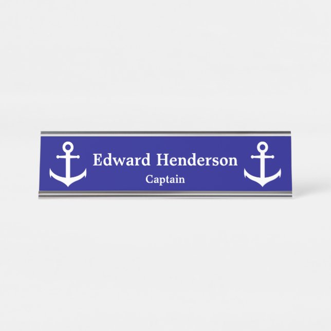 Captain's Custom Navy Blue and White Anchor Desk Name Plate (Front)