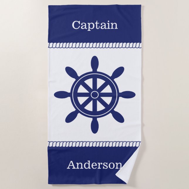 Captain's Wheel Nautical Rope Add Name Beach Towel (Front)