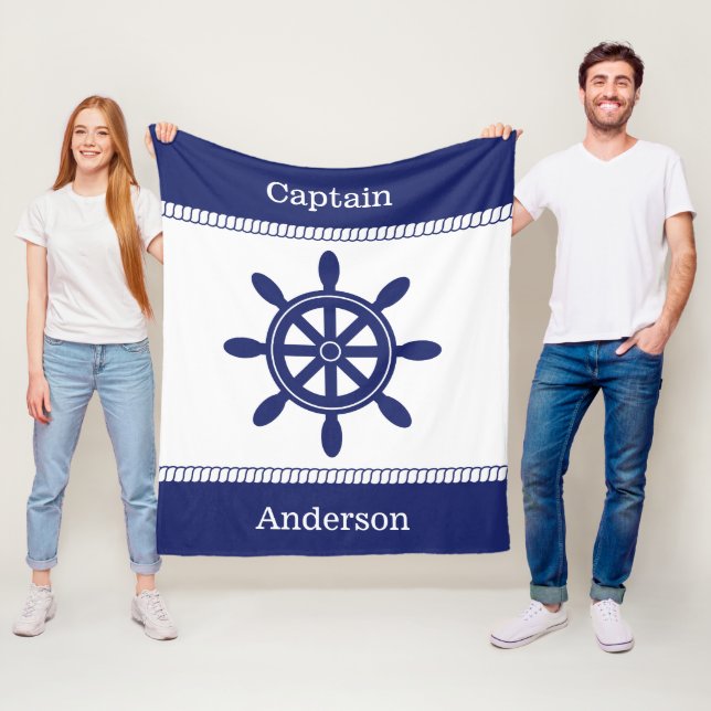 Captain's Wheel Nautical Rope Add Name Fleece Blanket (In Situ)
