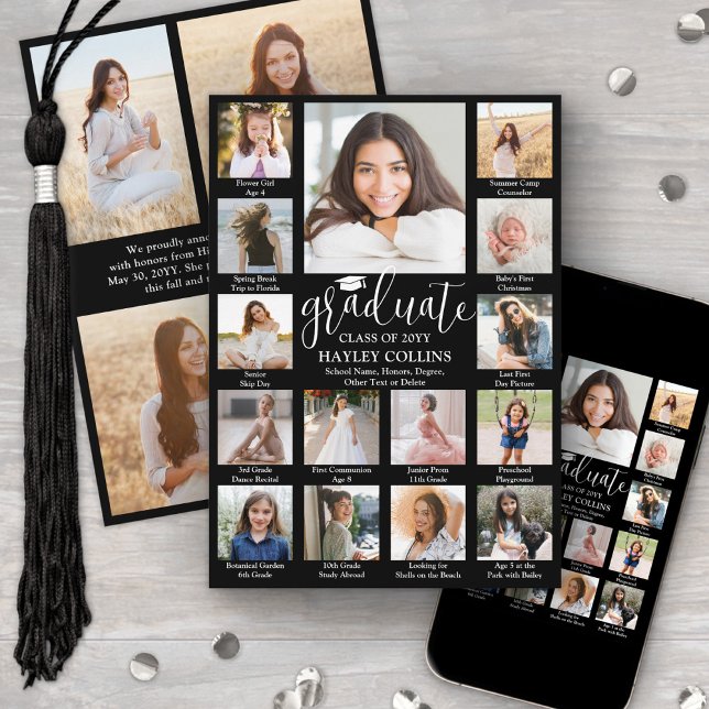 Captioned Photo Collage Black Modern Graduation Announcement (Creator Uploaded)