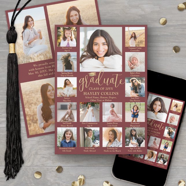 Captioned Photo Collage Burgundy & Gold Graduation Announcement (Creator Uploaded)