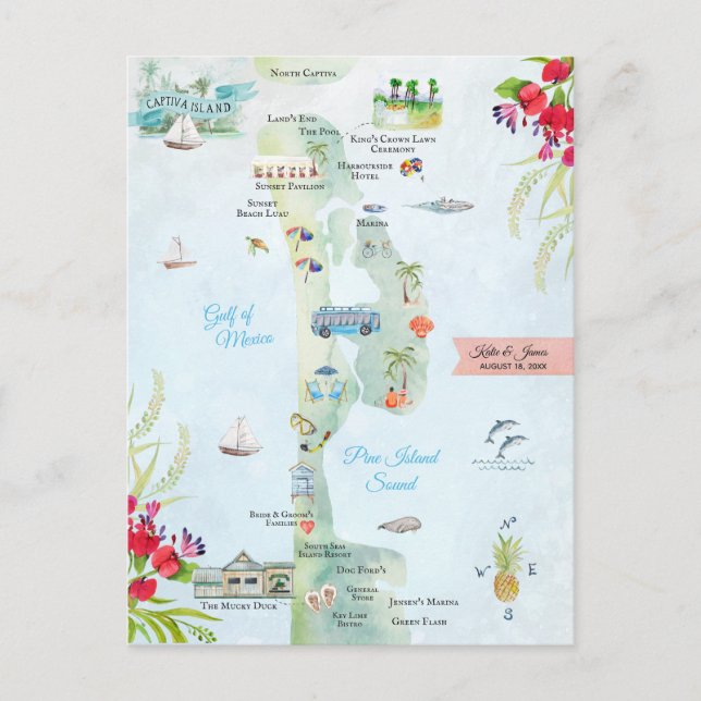 Captiva Island | Destination Wedding Itinerary Map Postcard (Front)