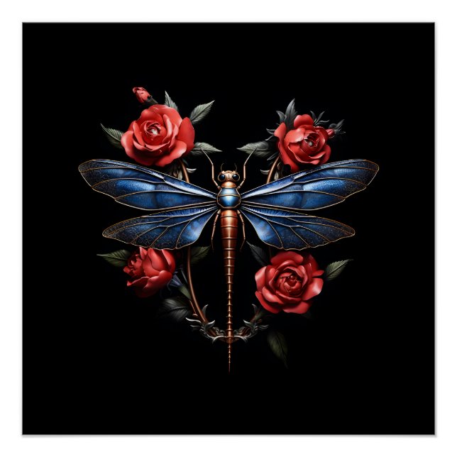Captivating Art: Metallic Dragonfly with Red Roses Poster (Front)
