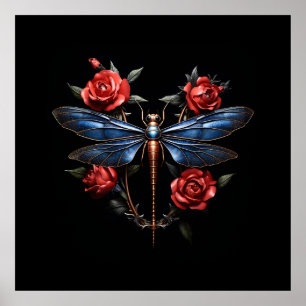 Captivating Art: Metallic Dragonfly with Red Roses Poster