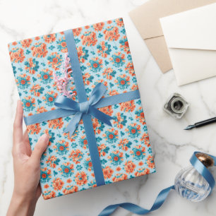 Captivating Blue and Orange Floral Artwork Wrapping Paper