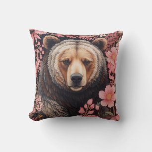 Captivating Brown Bear Gaze Pink Flowers Cushion