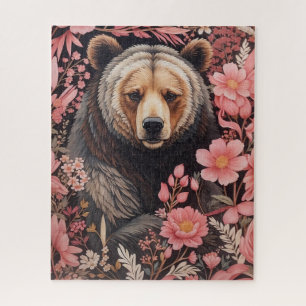 Captivating Brown Bear Gaze Pink Flowers Jigsaw Puzzle