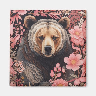 Captivating Brown Bear Gaze Pink Flowers Magnet