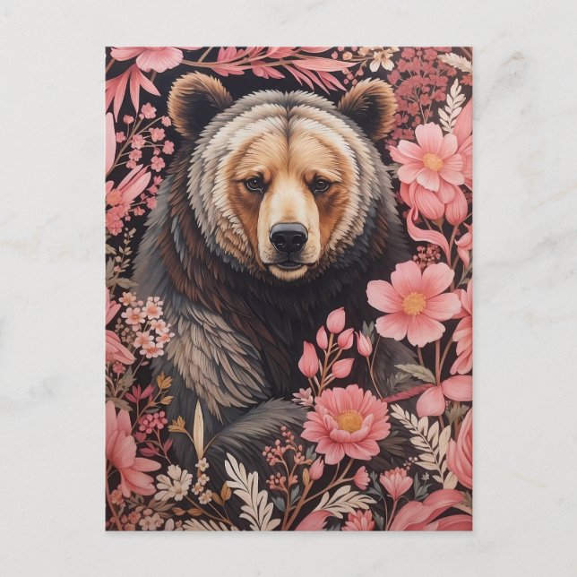 Captivating Brown Bear Gaze Pink Flowers Postcard (Front)