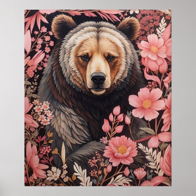 Captivating Brown Bear Gaze Pink Flowers Poster (Front)