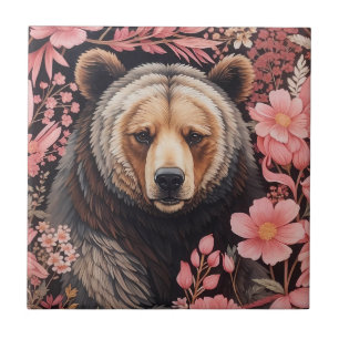 Captivating Brown Bear Gaze Pink Flowers Tile
