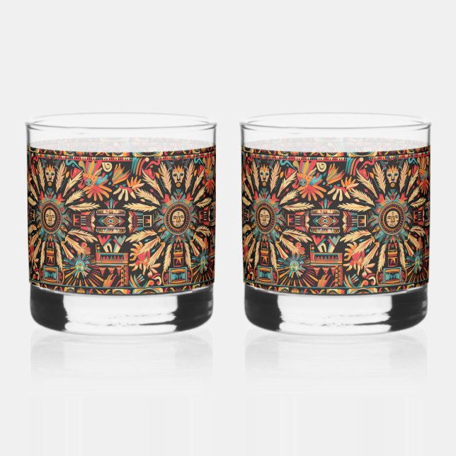 Captivating Cyan "Aztec Dream" Rocks Glass Pair (Front)