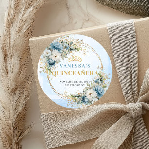 Captivating Dusty Blue Gold Greenery 15th Birthday Classic Round Sticker