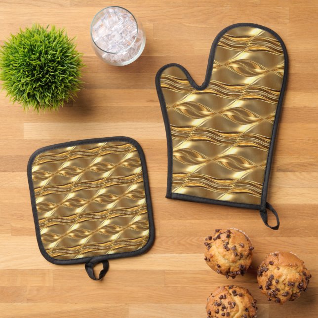 Captivating gold pattern oven mitt & pot holder set (Top Down)