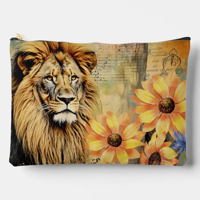 Captivating Lion Head & Sunflowers Cosmetic Pouch (Front)