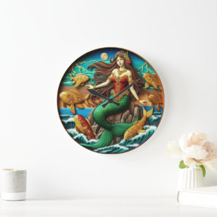 Captivating Mermaid Sitting on a Rock Under a Moon Large Clock