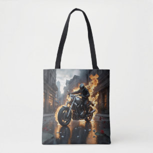 Captivating prints with biker surrounded by flames tote bag