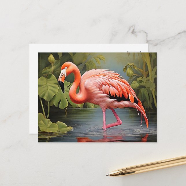 Captivating Vintage Flamingo AI-Art Painting  Postcard (Front/Back In Situ)
