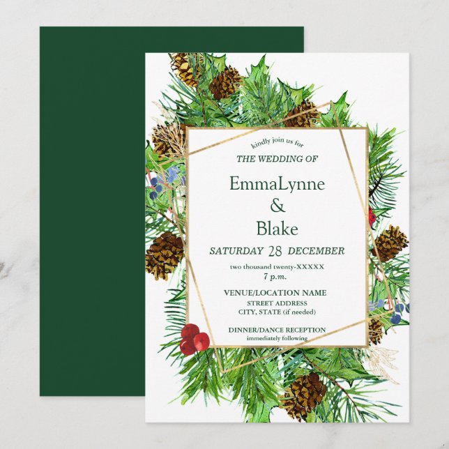 Captivating Watercolor Christmas Greenery Wedding  Invitation (Front/Back)