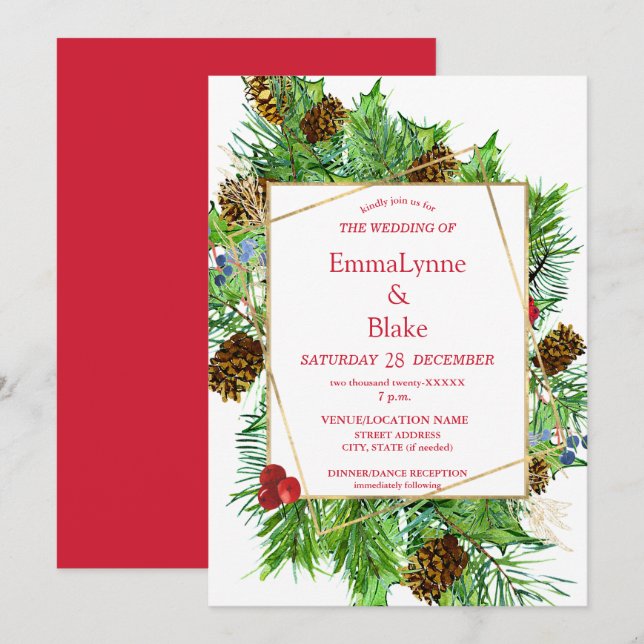 Captivating Watercolor Christmas Greenery Wedding  Invitation (Front/Back)