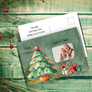 Captivating Watercolor Christmas Tree Photo Holiday Postcard
