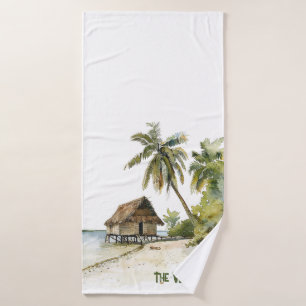 Captivating Watercolor Thatched House Beach Scene Bath Towel Set