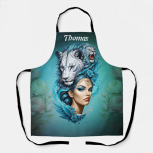 Captivating woman with a majestic lion's head, apron