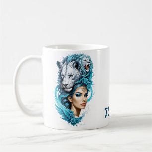 Captivating woman with a majestic lion's head, coffee mug
