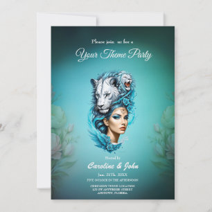 Captivating woman with a majestic lion's head, invitation