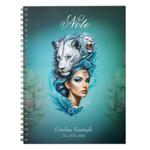 Captivating woman with a majestic lion's head, notebook