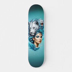 Captivating woman with a majestic lion's head, skateboard