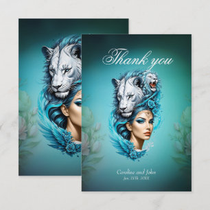 Captivating woman with a majestic lion's head,  thank you card