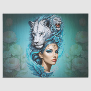 Captivating woman with a majestic lion's head, tissue paper