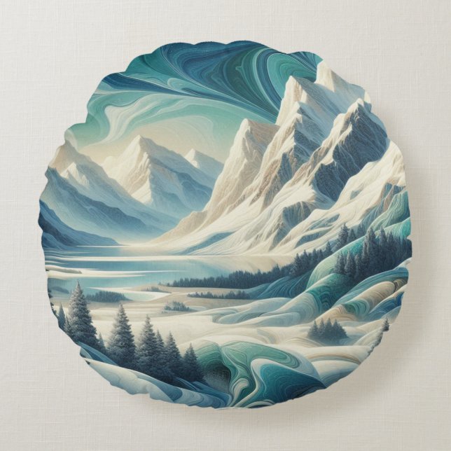 Capture Art Winter Scene & Snow and Ice Crystals Round Cushion (Front)