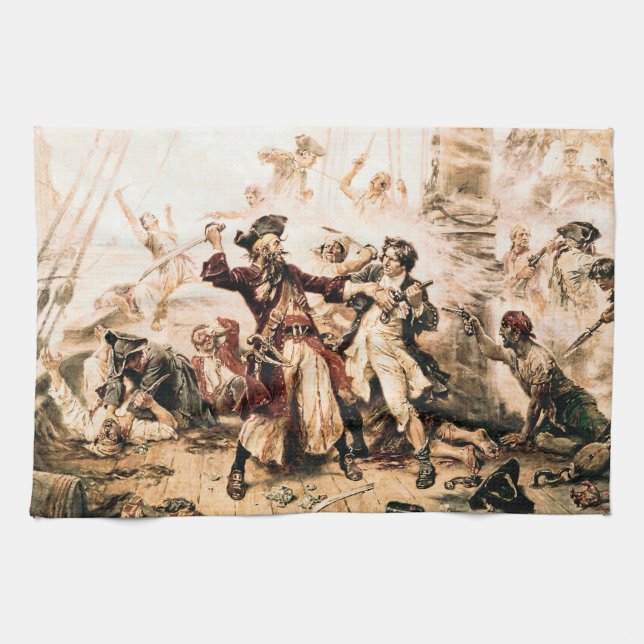 Capture, Pirate Blackbeard, Queen Anne's Revenge Tea Towel (Horizontal)