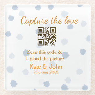 Capture the love add QR scan upload picture blue o Glass Coaster