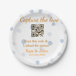 Capture the love add QR scan upload picture blue o Paper Plate