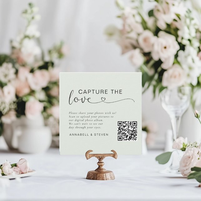 Capture the love! Custom QR-Code Wedding Enclosure Card (Capture the love! Photo, QR-Code, Wedding Table Card, Sage Green.)