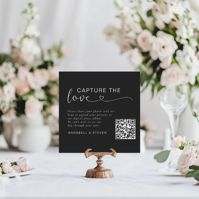 Capture the love! Custom QR-Code Wedding Enclosure Card (Capture the love! Photo, QR-Code, Wedding Table Card, Black & White.)