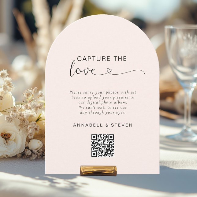 Capture the love! Custom QR-Code Wedding Invitation (Capture the love! Photo, Heart-QR-Code, Wedding Card, Blush-Beige.)