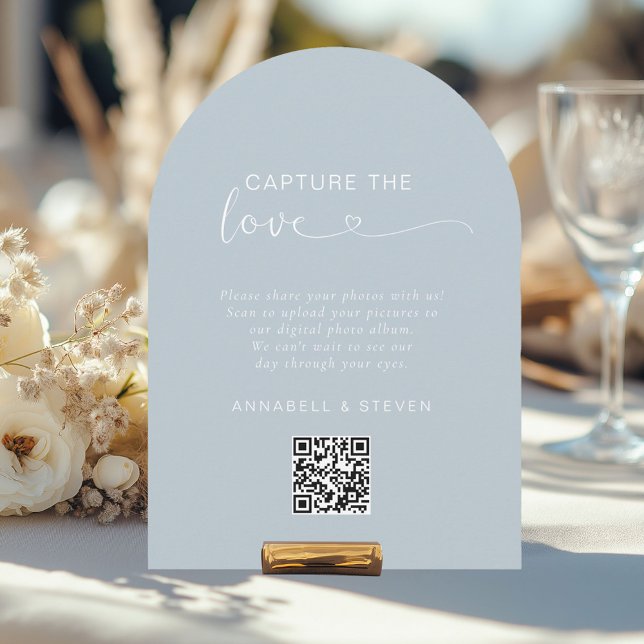 Capture the love! Custom QR-Code Wedding Invitation (Capture the love! Photo, Heart-QR-Code, Wedding Table Card, Powder Blue.)