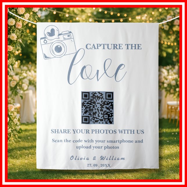 Capture The Love Dusty Blue QR Wedding Backdrop Tapestry (Creator Uploaded)