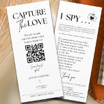 Capture The Love Photo I Spy Wedding Game scavenge Menu<br><div class="desc">Introducing our Capture The Love Photo I Spy Wedding Game scavenge Enclosure Card. This card is a fun and interactive addition to any wedding. It features a playful ‘I Spy’ game that encourages guests to capture special moments with their phones. The sign is designed to be engaging and entertaining, keeping...</div>