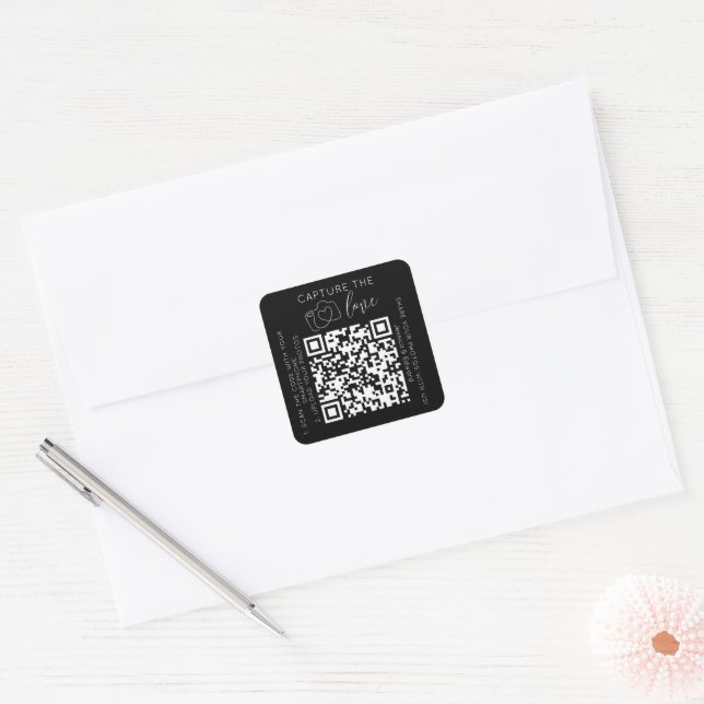 Capture The Love Qr Code Black Chic Modern Wedding Square Sticker (Envelope)