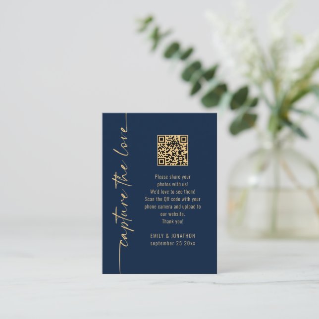 Capture the Love QR Code Navy Gold Wedding Card (Standing Front)